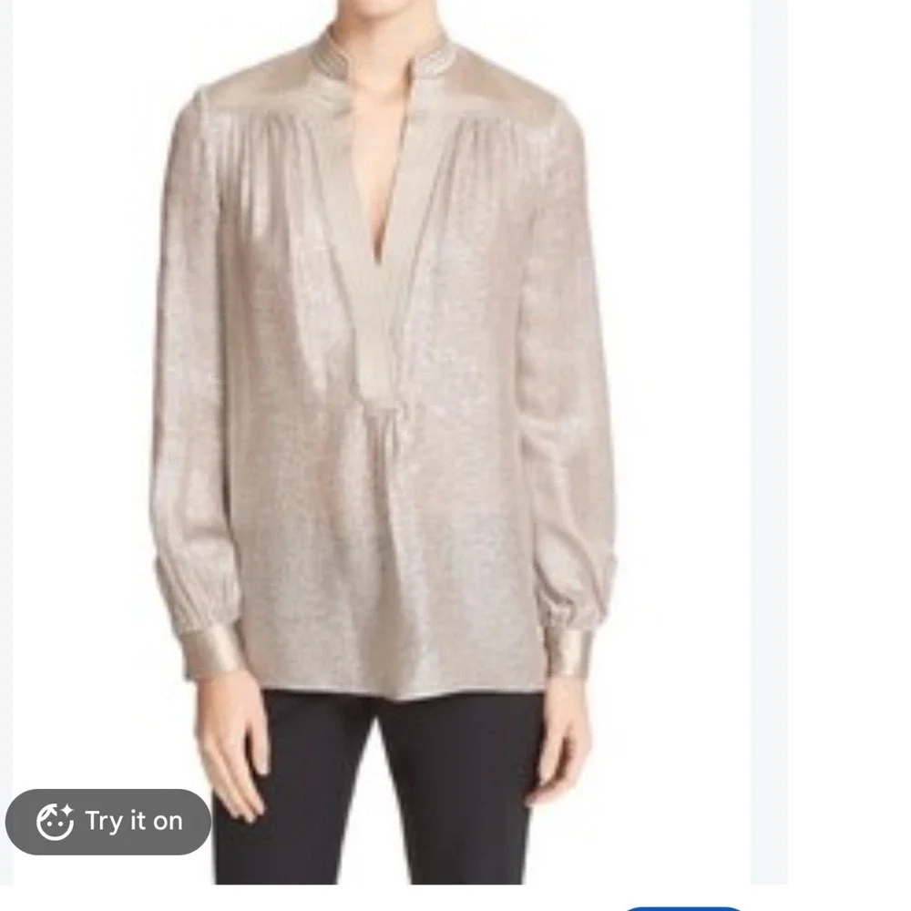 Tory Burch caspian Lame Metallic Silk Blend V-Neck Tunic Blouse Womens 6 s m